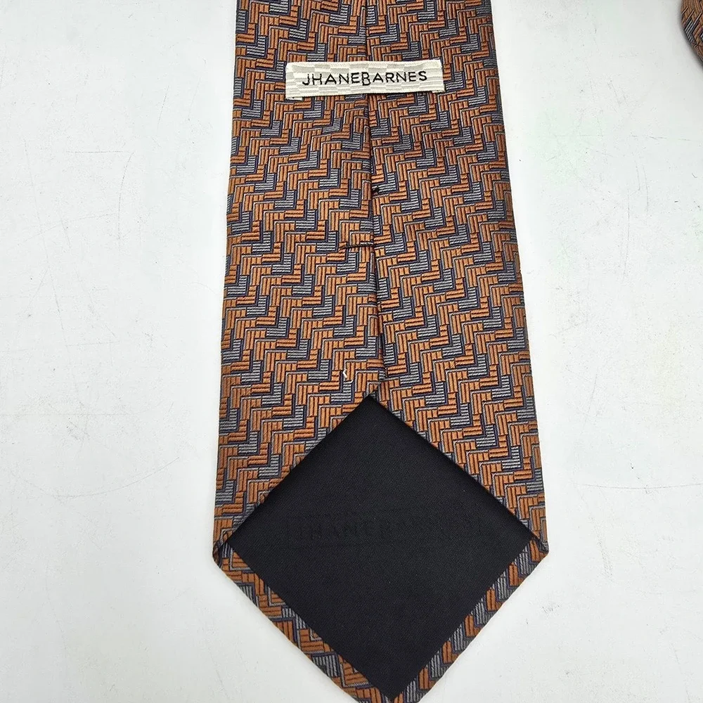 Mens J Hane Barnes Orange Gray‎ Geometric 100% Silk Tie Made in Japan